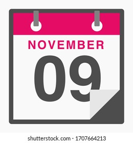 November 9th Flat icon calendar isolated on white background. Vector illustration