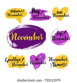 November autumn and fall calligraphic set with spot, leaf, heart on the background. Brush calligraphy, hand lettering. For calendar, schedule, diary, journal, postcard, label, sticker and decor.