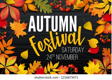 November autumn festival announcement, invitation banner design, template with fallen leaves, realistic colorful foliage with text