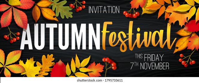 November autumn festival announcement, invitation banner design, template with fallen leaves, realistic colorful foliage with text