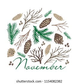 November. Autumn print. Branches and cones. A template for the design. Autumn design