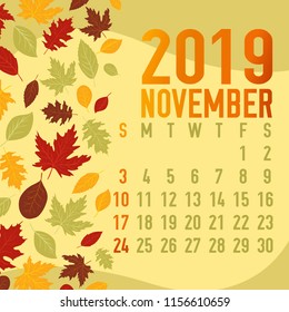 November autumn/fall months calendar 2019 template with abstract falling leaves