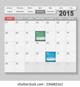 November Calendar 2015, week start at sunday with Holiday event