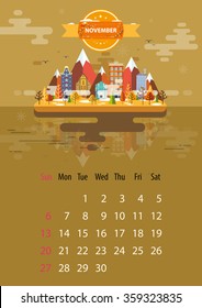 November. Calendar for 2016 in A4 format. Style flat design. Set 5. Landscape of a small town on the background of nature: mountains, buildings, trees, sky, clouds, water. Illustration. Image. Vector.