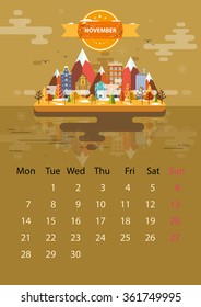 November Calendar for 2016 in A4 format. The first day of the week - Monday. Style flat design. Set 3. Landscape of a small town on the background of nature.. Stock. Illustration. Image. Vector.