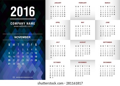 November Calendar - 2016 calendar template - polygonal abstract blue background - Vector illustration