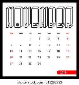 November Calendar 2016 Vector Design Template. Week Starts Sunday. vector illustration