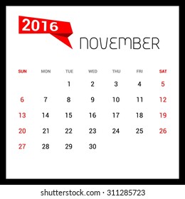 November Calendar 2016 Vector Design Template. Week Starts Sunday. vector illustration
