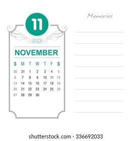 November Calendar 2016 Vector Design Template. Week Starts Sunday. Event Calendar. place for notes and special text. vector illustration