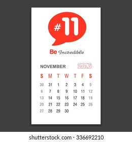 November  Calendar 2016 Vector Design Template. Week Starts Sunday. vector illustration