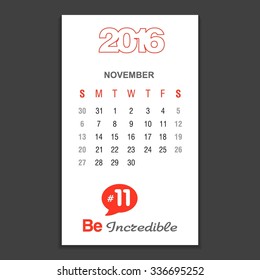 November Calendar 2016 Vector Design Template. Week Starts Sunday. vector illustration