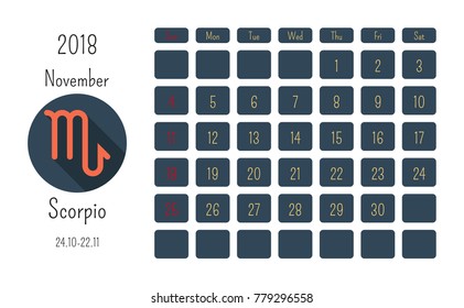 November calendar 2018 with horoscope signs zodiac symbols, flat colored template.