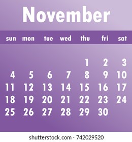 November calendar 2018.  Week starts on Sunday. Business vector illustration  template for one month 2018 years.