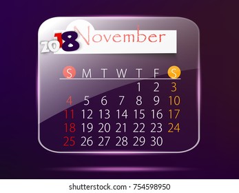 November: Calendar for 2018 year, editable template poster and calendar design, vector illustration...