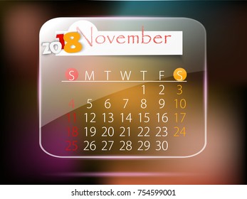 November: Calendar for 2018 year, editable template poster and calendar design, vector illustration...