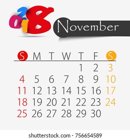November: Calendar for 2018 year, editable template poster and calendar design, vector illustration...