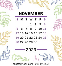 November. Calendar 2023. Leaves. Vector leaf. Hand drawn repeating elements. Fashion design print. Natural background