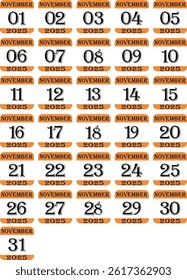 November calendar 2025 icon set.Simple design for business, print media, advertisement.Calendar Event schedule date icon on white background.Agenda plan, nov month schedule calendar and Time planner.