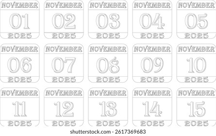 November calendar 2025 line art icon set.Simple design for business,print media,advertisement.Calendar Event schedule date icon on white background.Agenda plan,nov month schedule calendar,Time planner