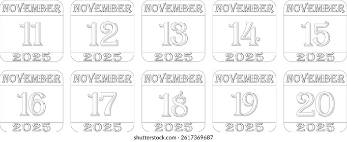 November calendar 2025 line art icon set.Simple design for business,print media,advertisement.Calendar Event schedule date icon on white background.Agenda plan,nov month schedule calendar,Time planner