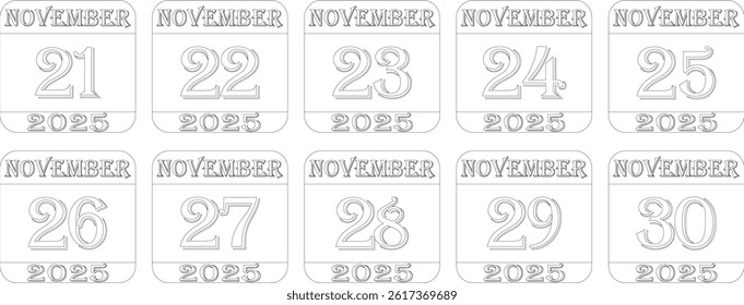 November calendar 2025 line art icon set.Simple design for business,print media,advertisement.Calendar Event schedule date icon on white background.Agenda plan,nov month schedule calendar,Time planner