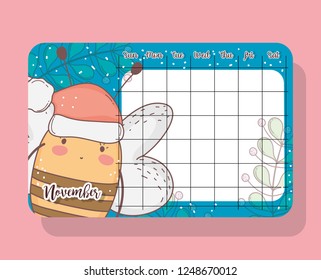 november calendar with bee cute animal