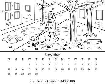 November calendar with coloring book image. Black and white drawing. Cartoon hand drawn vector illustration