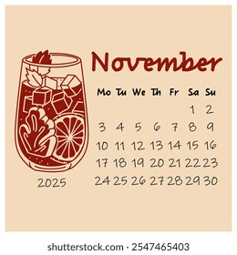 November calendar design for 2025 with a glass of cold grapefruit juice with ginger and mint. autumn month. painted calendar planner in a minimalistic style, an annual organizer. Numbers for every day