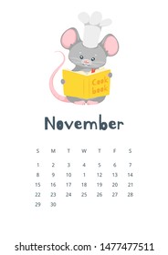 November calendar flat vector illustration. Children planner for autumn 2020. Basic grid colorful design with mascot. Organizer template with text and numbers on white background. Cute mouse cooking