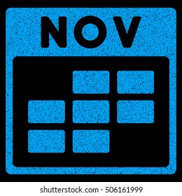 November Calendar Grid grainy textured icon for overlay watermark stamps. Flat symbol with dust texture. Dotted vector blue ink rubber seal stamp with grunge design on a black background.