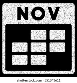 November Calendar Grid grainy textured icon for overlay watermark stamps. Flat symbol with scratched texture. Dotted vector white ink rubber seal stamp with grunge design on a black background.