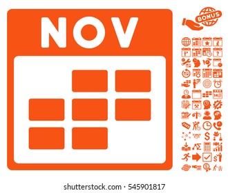November Calendar Grid icon with bonus calendar and time management pictures. Vector illustration style is flat iconic symbols, orange, white background.
