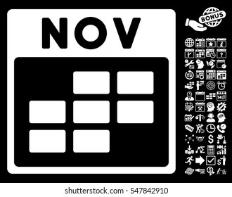 November Calendar Grid icon with bonus calendar and time management pictograms. Vector illustration style is flat iconic symbols, white, black background.