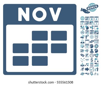 November Calendar Grid icon with bonus calendar and time management design elements. Vector illustration style is flat iconic symbols, cyan and blue, white background.