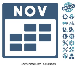 November Calendar Grid pictograph with bonus options graphic icons. Vector illustration style is flat iconic symbols, cyan and blue, white background.