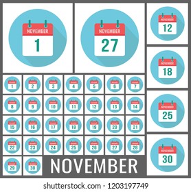 November calendar icon reminder. Vector page collection. Holidays. 1, 27 and other numbers of the month