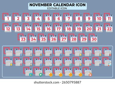 November calendar icon set displaying dates, editable and designed for scheduling and reminders