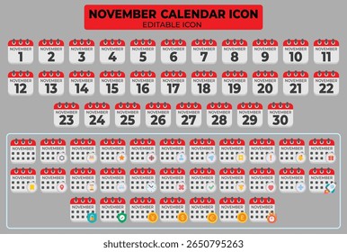 Conjunto de iconos de calendario de noviembre con funciones editables para la planificación estacional y eventos