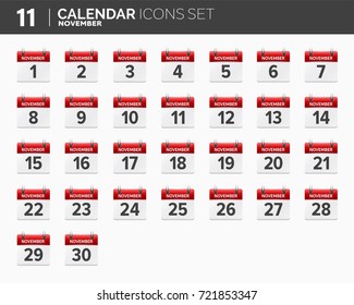 November. Calendar icons set. Date and time. 2018 year.