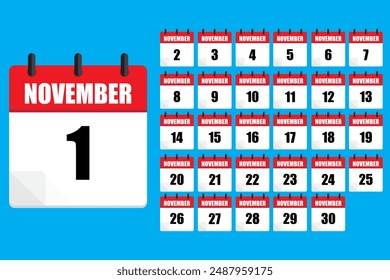 November calendar layout. Numbered dates. Vector icons. Blue background.