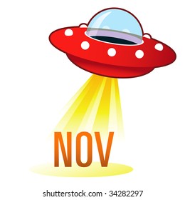 November calendar month icon on retro flying saucer UFO with light beam.  Suitable for use on the web, in print, and on promotional materials.