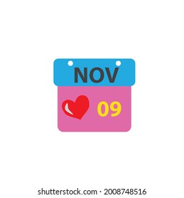 November calendar - Nov 9 icon illustration, new cute and romantic flat gift box vector design