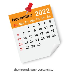 November calendar orange page. 2022 year. Red drawing pin. Wall art design. Simple icon. Vector illustration. Stock image. 