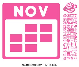 November Calendar Page pictograph with bonus calendar and time management pictogram. Vector illustration style is flat iconic symbols, pink color, white background.