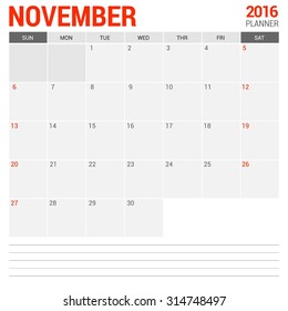 November Calendar Planner 2016 Vector Design Template. Week Starts Sunday. vector illustration