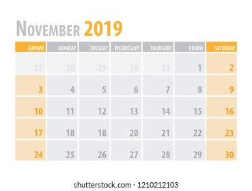 November. Calendar Planner 2019 in clean minimal table simple style. Vector illustration