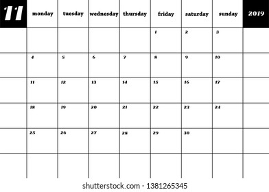 November. Calendar planner 2019. Vector 