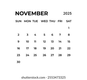 November calendar template for 2025 year. Wall calendar in a minimalist style.