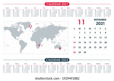 November Calendar year 2021 and World Map Time Zone. Office design. Calendar for 2021 on White Background for organization and business. Week Starts Sunday.