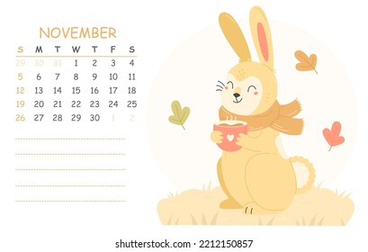 November children's calendar for 2023 with an illustration of a cute rabbit in a scarf with a cup of cocoa. 2023 is the year of the rabbit. Vector autumn illustration calendar page.